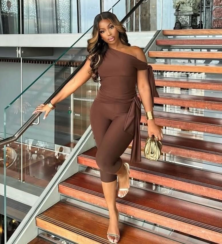 Women's 2 Piece Stretchy Bodycon Outfits Off Shoulder Solid Color Top And High Waist Capri Pants Set - Image 5