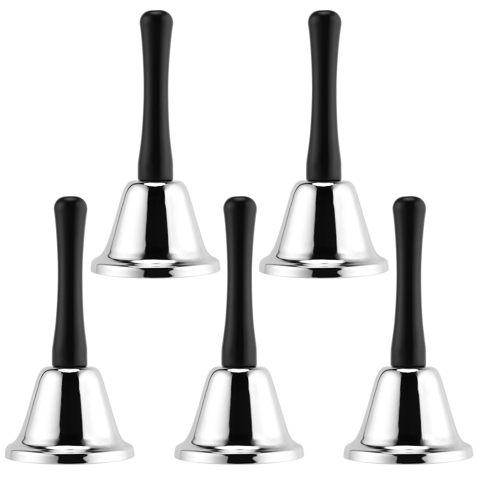 Funsuei Silver Black 5 Pcs Small Stainless Steel Hand Bells, Loud Metal Hand Bells Set For Services, Receptions, Kitchens, Dinner Bell, 13Cm Length