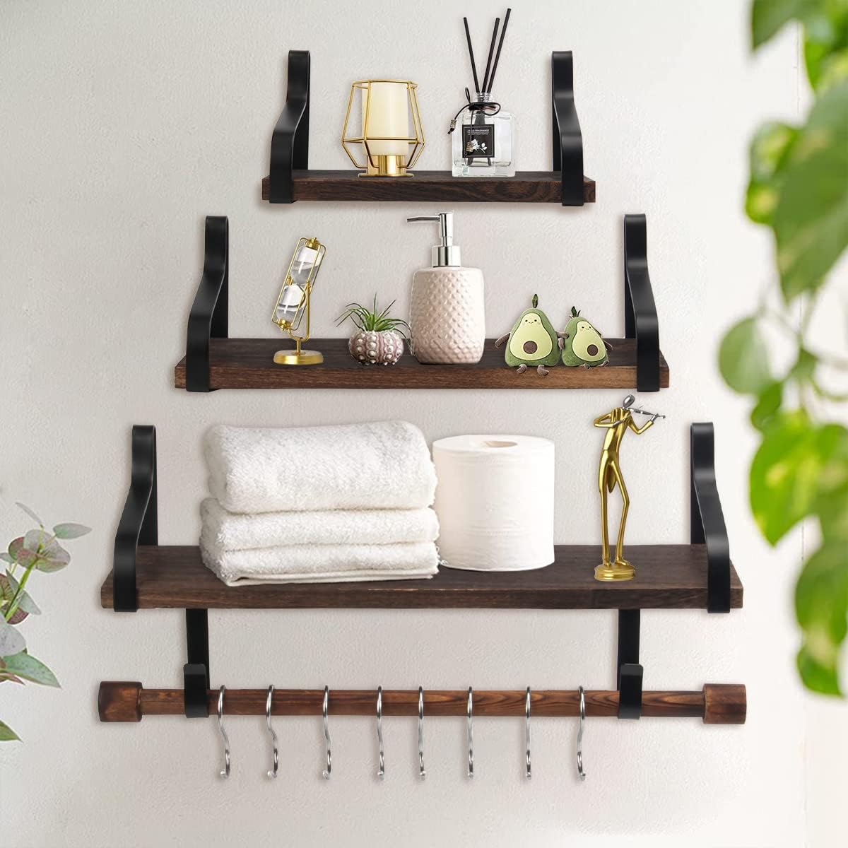 POZEAN Floating Shelves 3 Pack, Wall Shelves for Bedrooms Rustic Wood Shelves for Wall Storage, Bathroom Shelves Wall Mounted for Kitchen, Bedroom, Living Room, Bathroom (Brown)