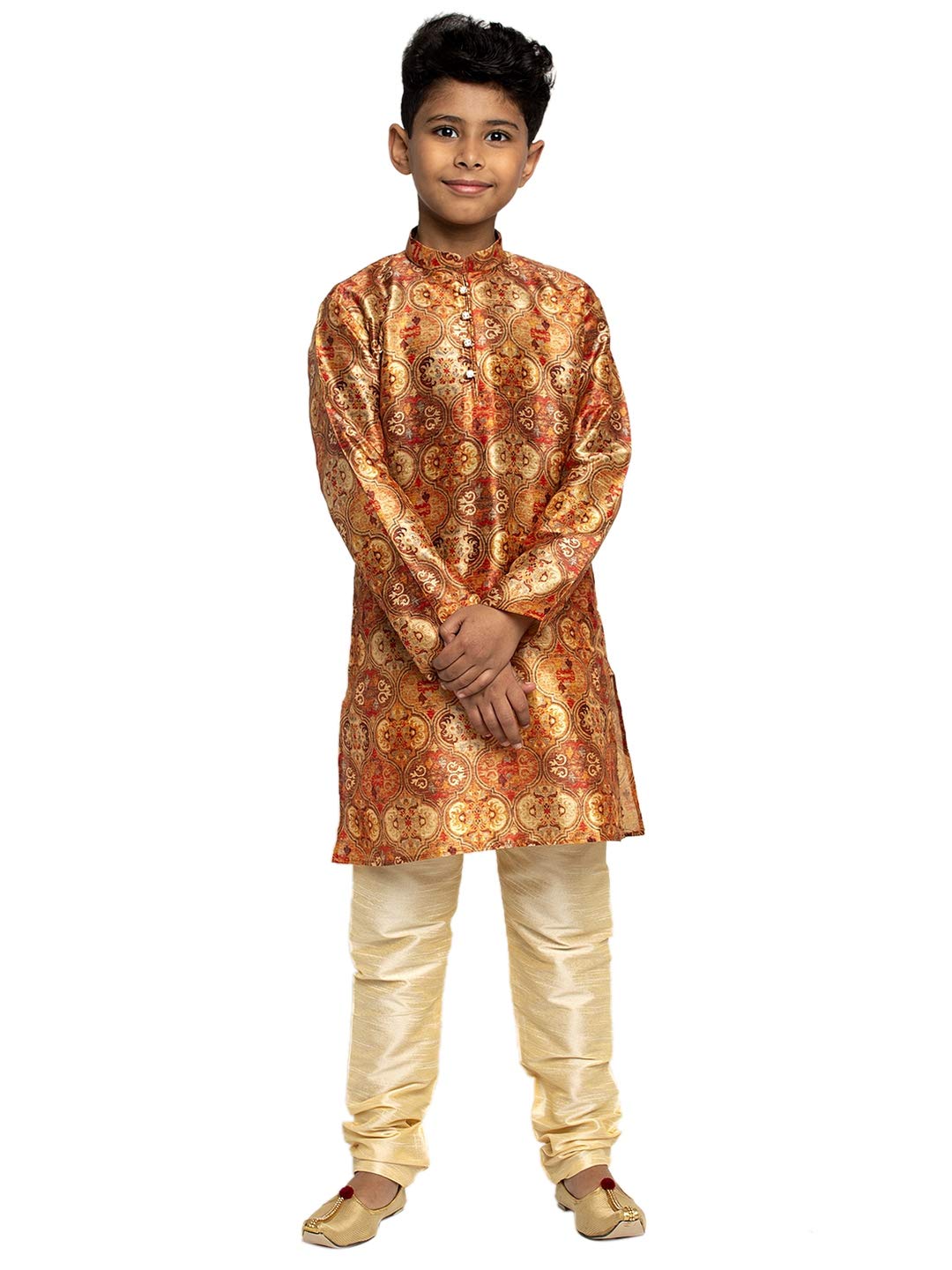 Boys Silk Print Kurta Churidar-image-8
