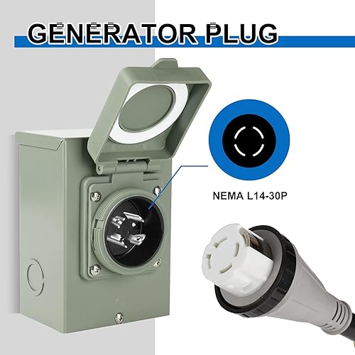 Miniatura 2 de BEBOBLY Caja de entrada para generador, caja de entrada de alimentación NEMA L14-30P de 30 amperios para cable generador de 4 puntas, 7500 vatios,