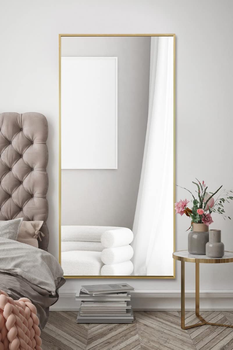 MirrorOutlet The Artus - Gold Modern Aluminium Edged Wall Leaner Mirror 68" X 33" (174CM X 85CM) Silver Mirror Glass