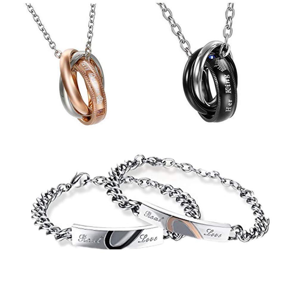 Flongo Pulsera Y Collar De Amor Para Parejas: Conjunto De Pulsera Y Collar De Acero Inoxidable - Accesorios De San Valentín Para Hombre Y Mujer