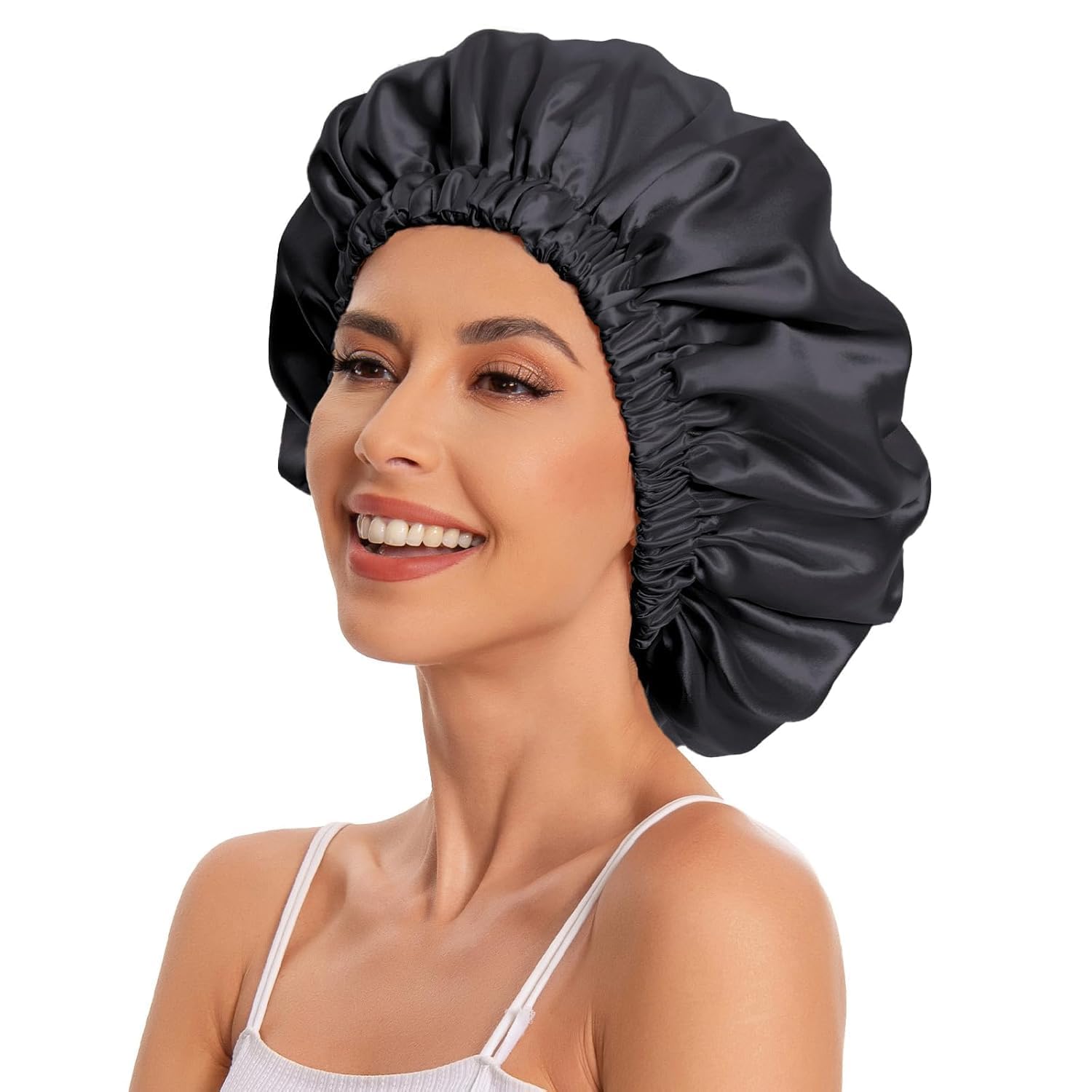 Luxury Satin Silk Hair Bonnet Cap Black | Reusable Shower Cap | Satin Bonnet for Curly Hair | Adjustable Silk Bonnet | Night Sleep Shower Cap for Women, Girls-picture-18