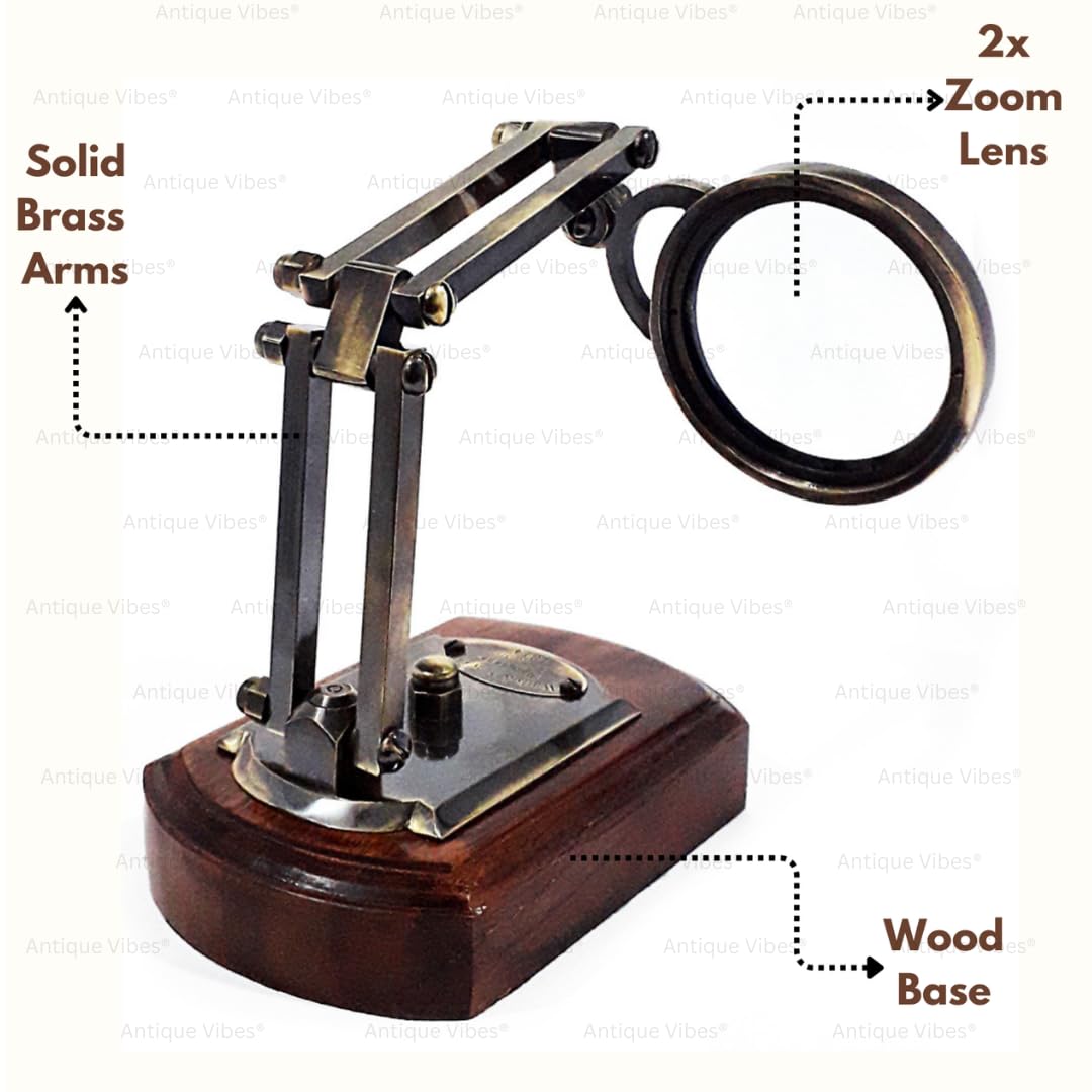 Loupe de Bureau avec Support en Bois lentille Mobile Vintage en Laiton Accessoire de Table (Cadeaux Antiques)