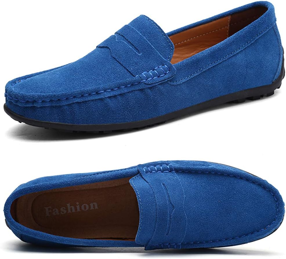 TSIODFO Driving Loafers for Men Suede Leather Slip on Comfort Casual Walking Shoes Moccasins Flats Fashion Driver Penny Shoes Light Blue Size 6.5
