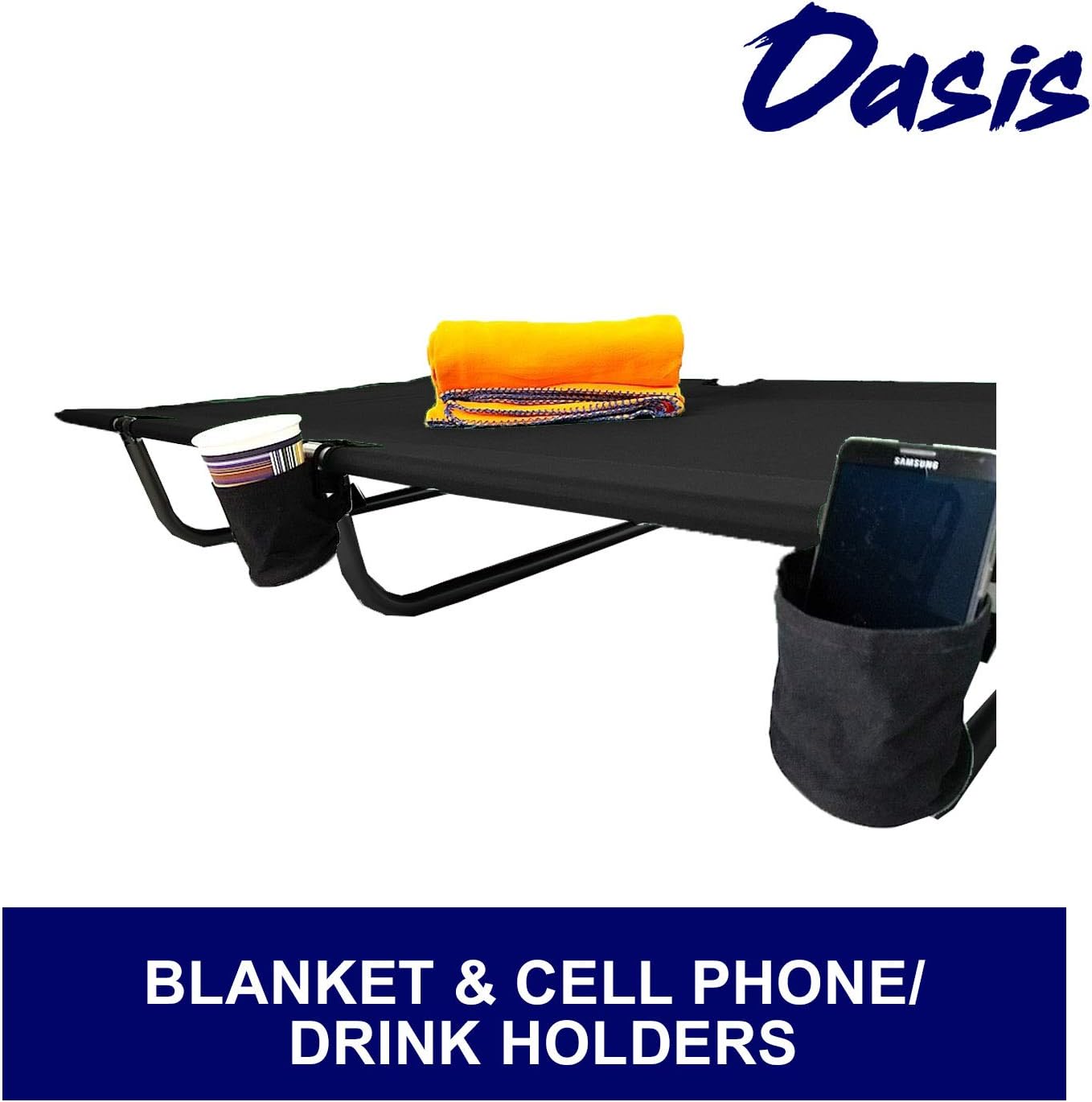 Big Grizzly Cot - Portable Heavy Duty Oversize Compact Cot with Side Pocket - Built with Reinforced Aluminum Pipe - Bonus Item Includes Blanket, Cell Phone/Drink Holders