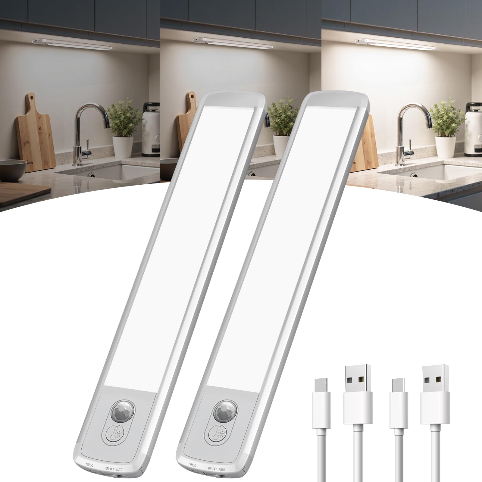 TANSOOL+ 21cm Schrankbeleuchtung LED Lampe mit Bewegungsmelder Innen - USB-C Schranklicht Unterbauleuchte Küche Licht Dimmbar für Küche, Treppe, Schrank - 2 Stück