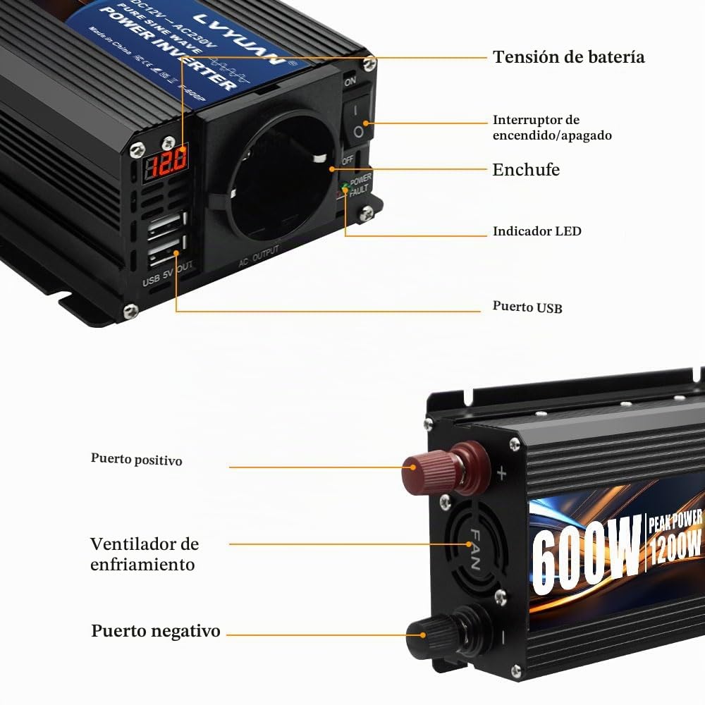 LVYUAN 600W/1200W inversor 12V a 230V convertidor de Voltaje Onda sinusoidal Pura inversor convertidor Adaptador de Cigarrillos para Coche con 2 Puertos USB y Enchufe EU | Convertidor de voltaje de cigarrillo automático adaptador con 2 puertos USB y enchu