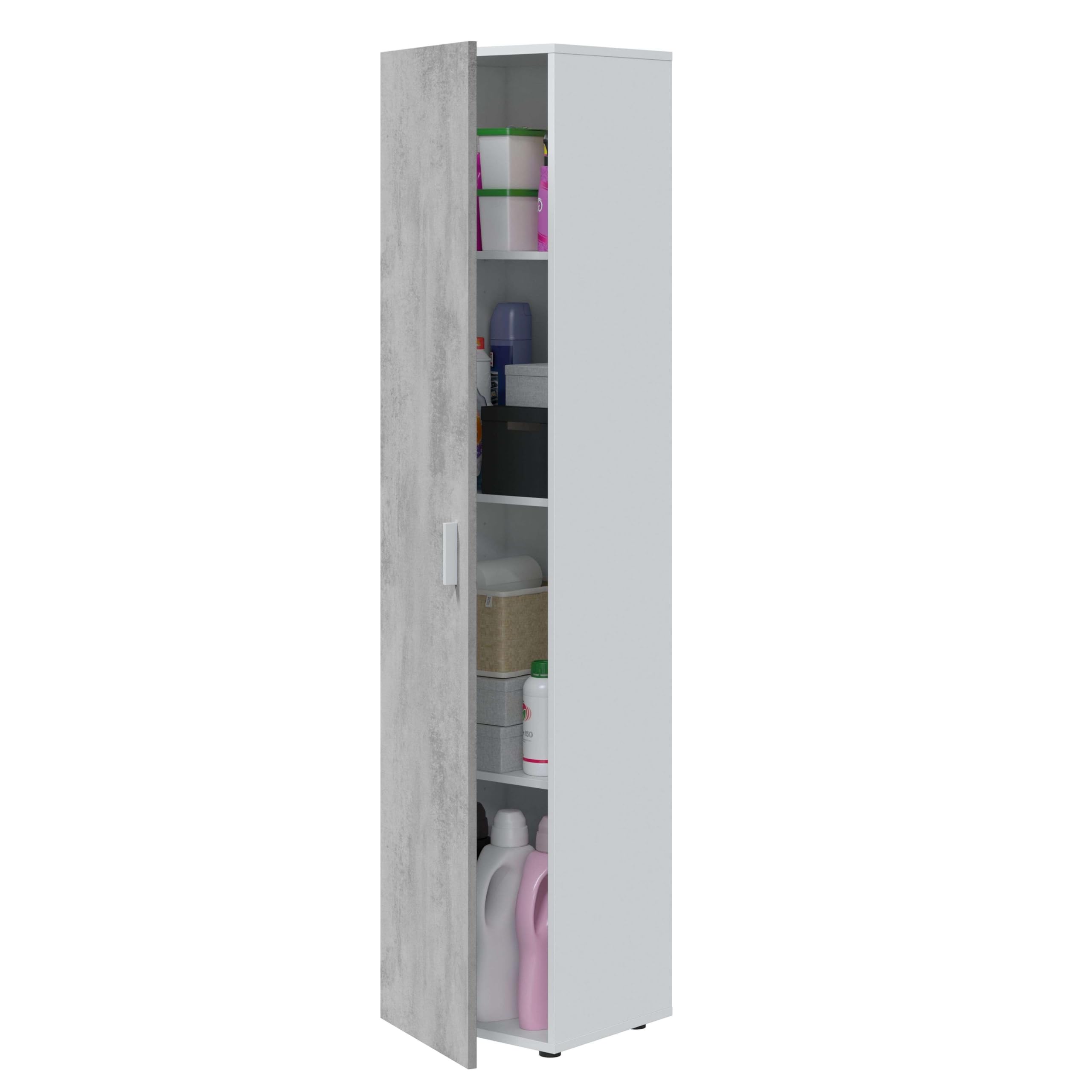 Habitdesign Armario Multiusos con 1 Puerta, Columna de Almacenaje, Acabado en Color Blanco Artik y Cemento, Medidas: 41 cm (Ancho) x 182 cm (Alto) x 37 cm (Fondo)