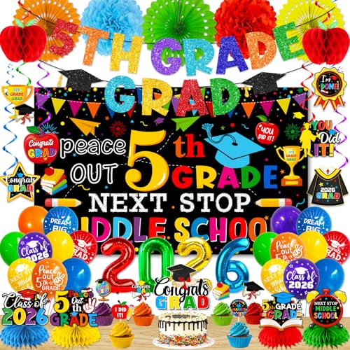 5th Grade Graduation Decorations includes 5Th Grade Banner Next Stop Middle School Backdrop Fifth Grade Graduation Honeycomb Centerppiece Hanging Swirls for Elementary Graduation Decorations