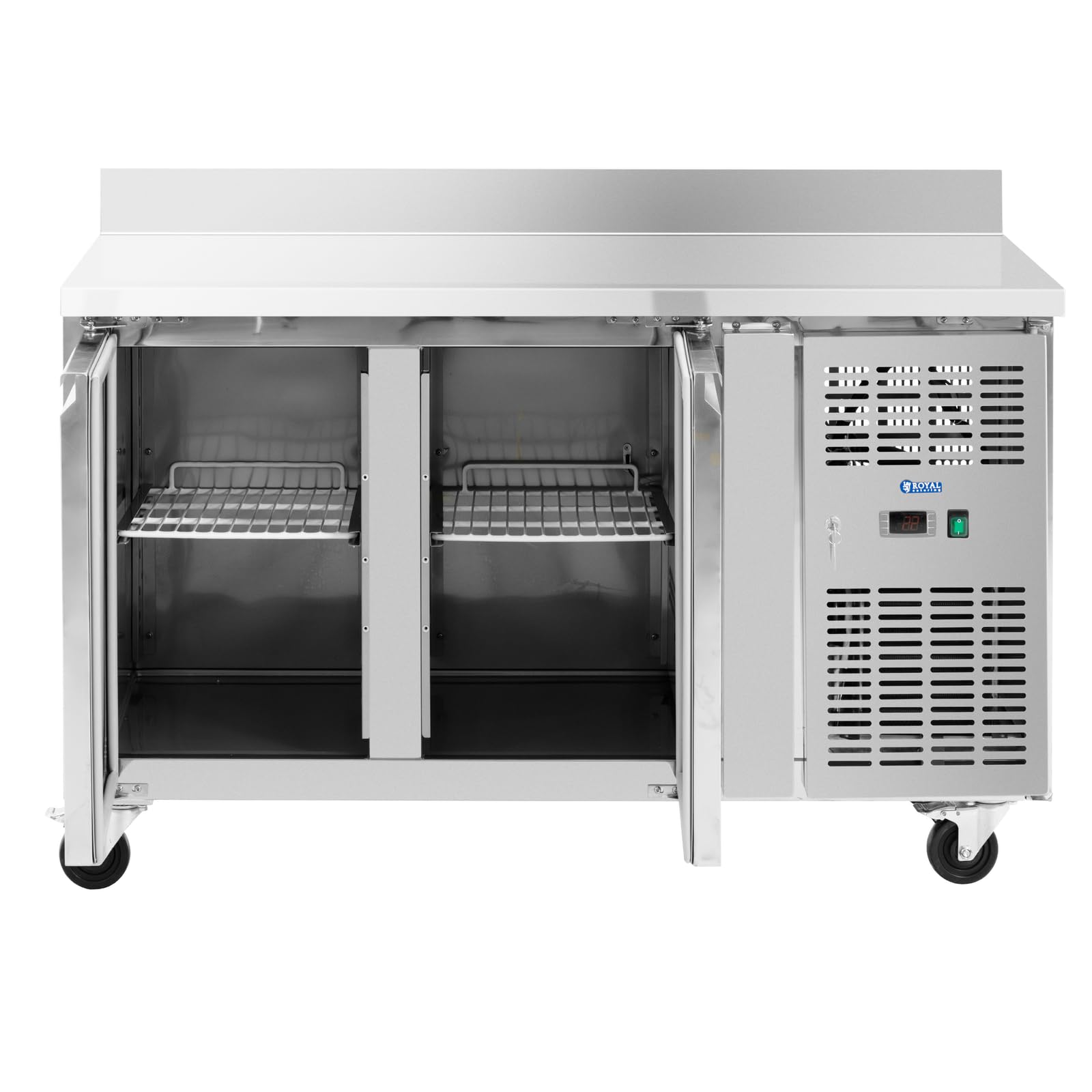 Royal Catering Banco refrigerato su ruote 260 l 2 scomparti 136 x 70 cm Classe B Alzatina Acciaio inox Tavolo refrigerato Banco frigo Banco frigorifero Banco frigo per gastronomia