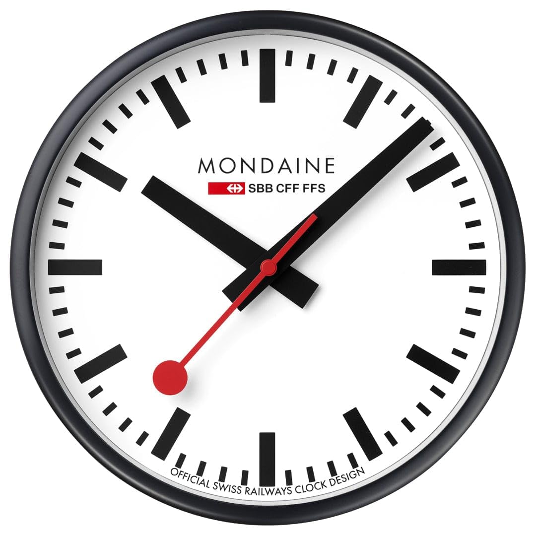 Mondaine A990.clock.12sbb Official Swiss Railways 25Cm Wall Clock - Classic Design, Black Matte Frame, Silent Red Second Hand, Mineral Crystal, Dust-Resistant, Iconic Home/Office Decor