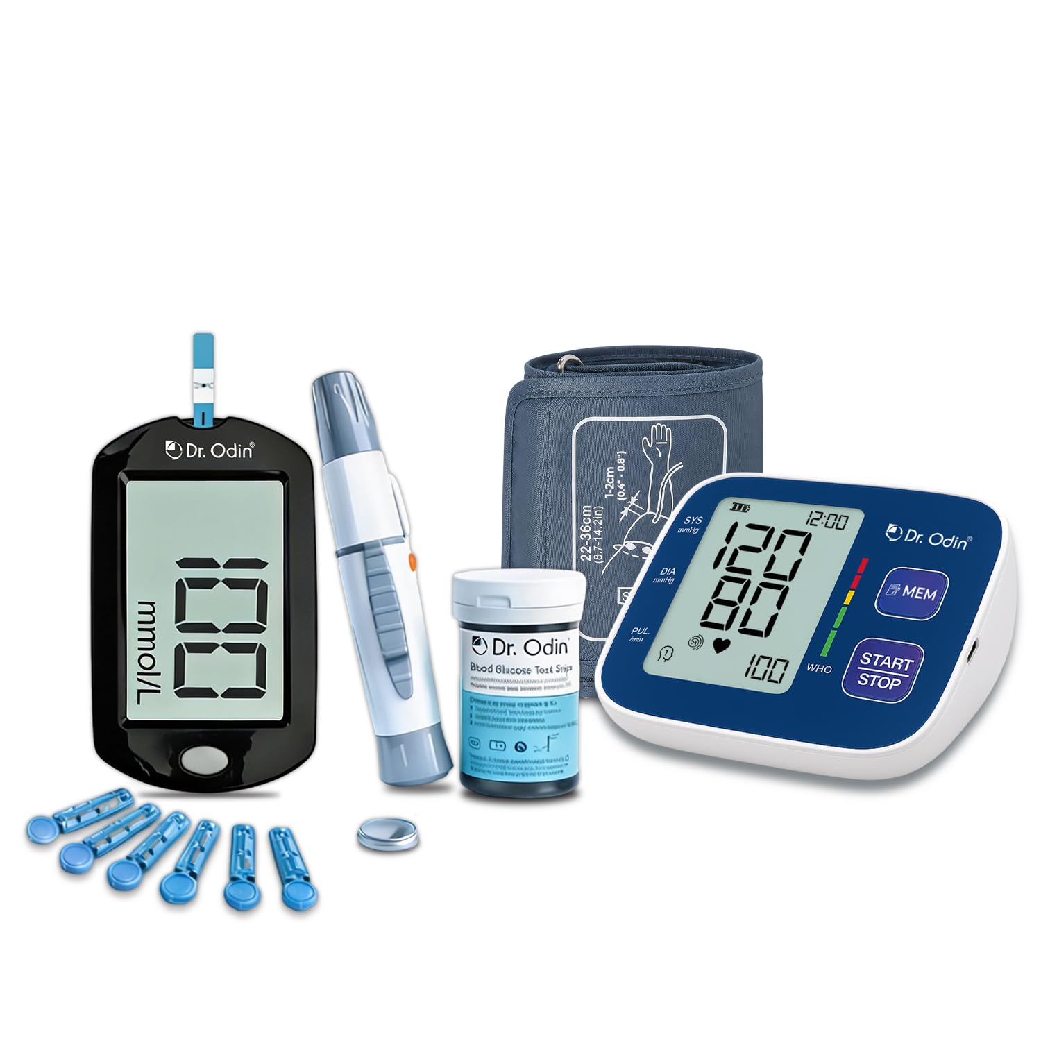 Dr. Odin BP Monitor & Glucometer Combo Kit for Home Use | Digital Automatic Blood Pressure Machine OBP106 with Adjustable Cuff + Blood Sugar Testing Machine AC307 with 25 Test Strips, 25 Lancets & Lancing Device | BP & Sugar Monitor Kit-image-20