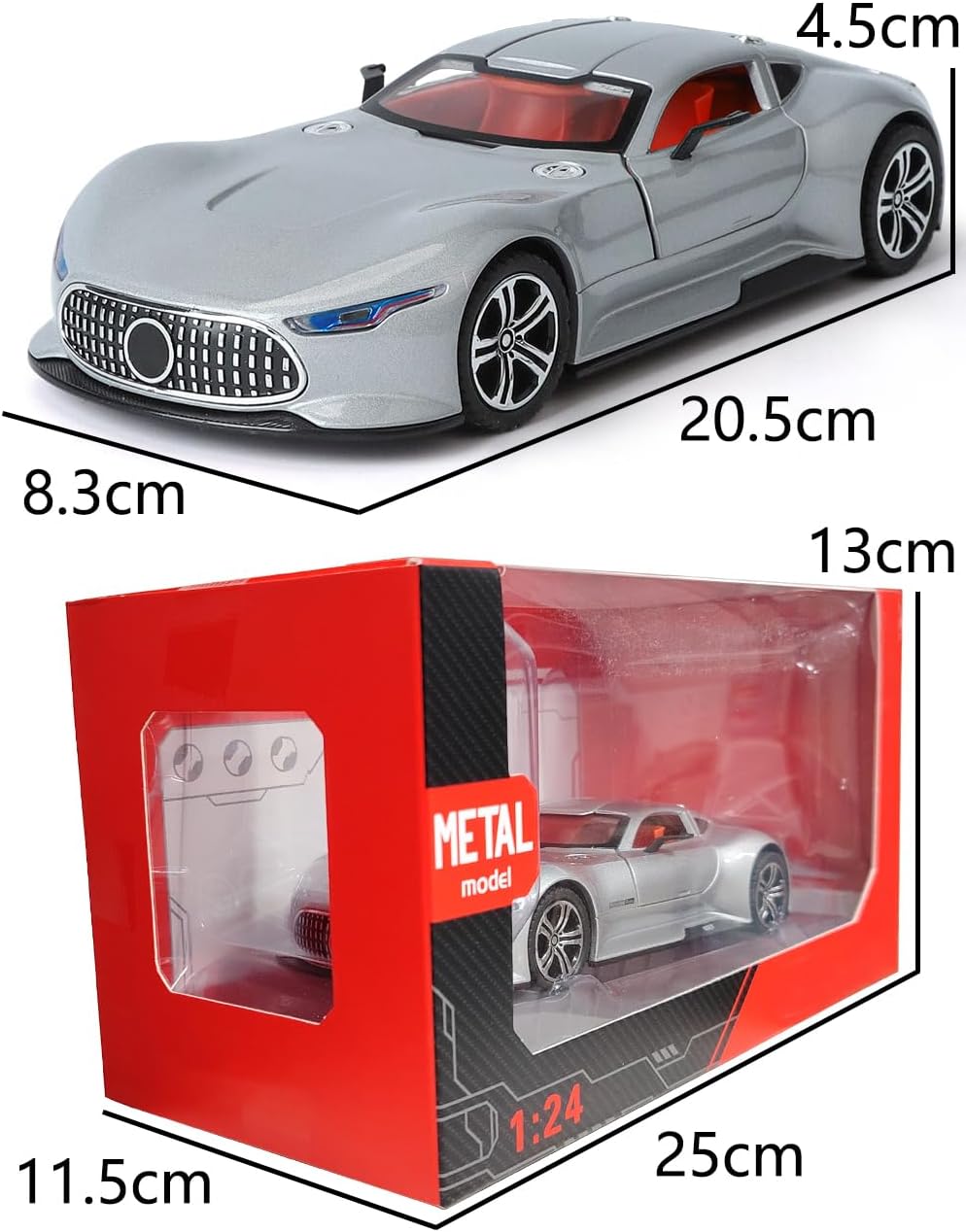 Toy Car Model 1/24 Silver AMG Vision GT Alloy Collectible Vehicle Pull Back Die-Cast with Lights and Sound