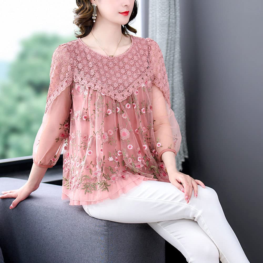Camisa Informal De Manga Larga,Bordado De Encaje Vintage para Mujer Tops Florales Camisa Rosa Túnica De Satén Camisa Globo 3/4 Mangas Blusa De Gasa Camisa Casual Oficina Blusa De Negocios para Niñ