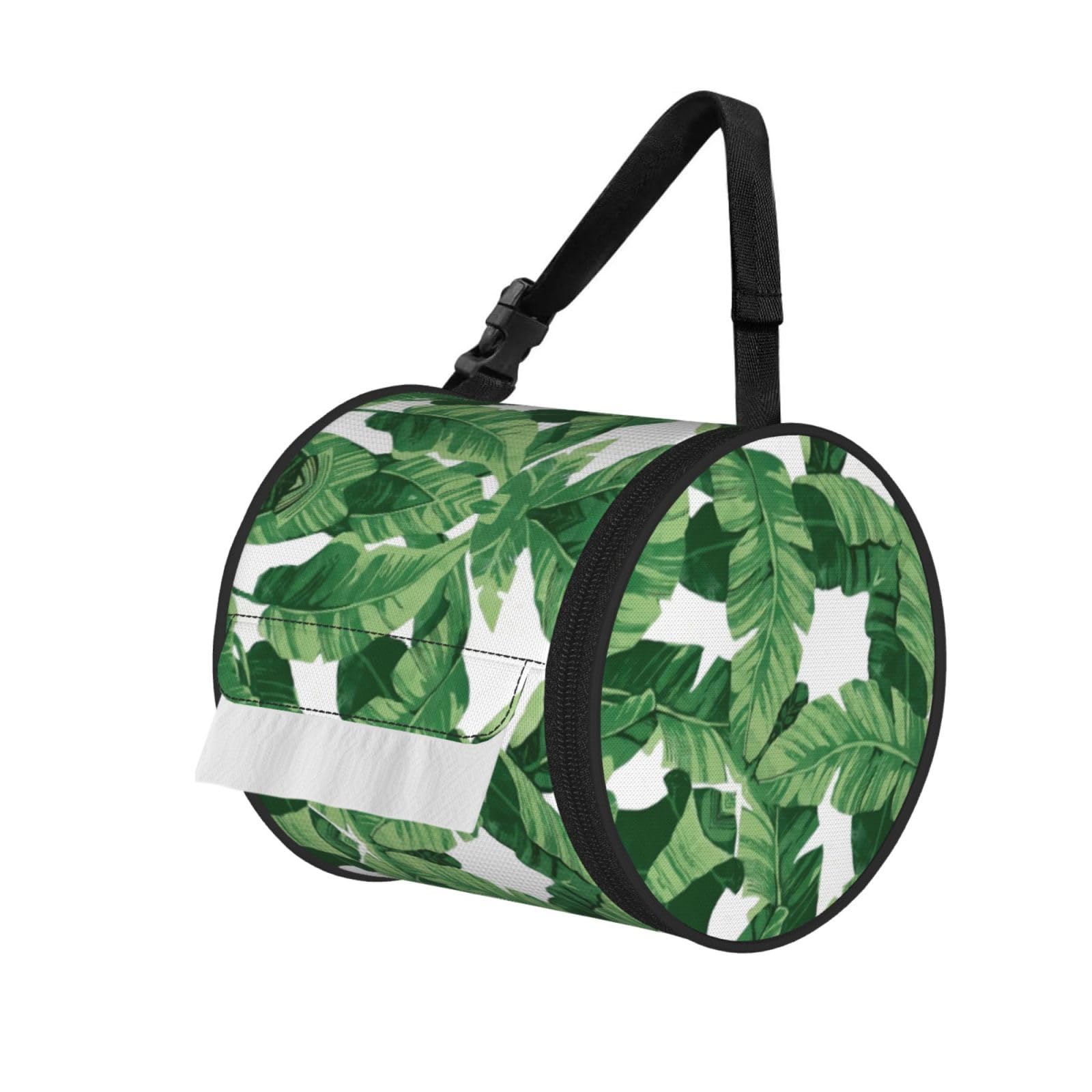 Cute Green Palm Leaves Print Cylinder Tissue Holder Bag With Strap, Portable Roll Dispenser Case For Car Rv Camping