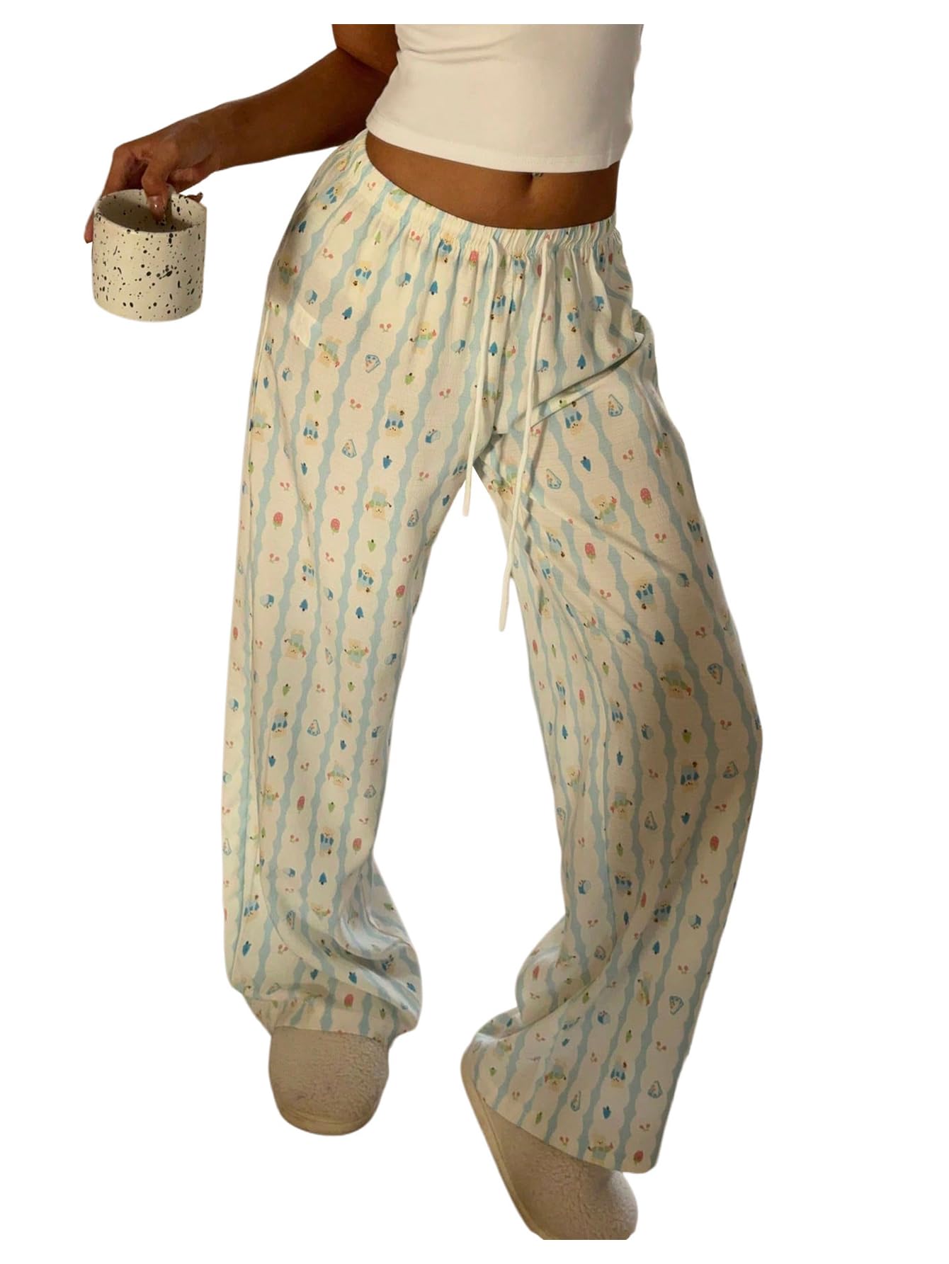 MakeMeChic Womens Cartoon Print Striped Pants Elastic Waist Drawstring Straight Leg Trousers
