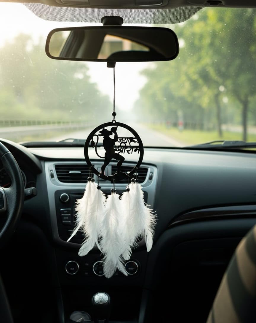 Lord Hanuman Jai Shree Ram Car Hanging Accessory with White Feathers | Bajrangbali Dream Catcher Rear View Mirror Ornament for Protection & Decor (Pack of 1)-image-13