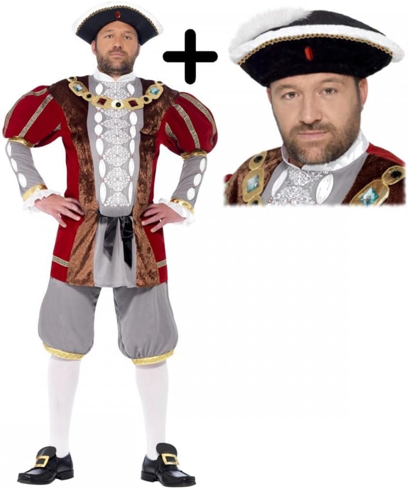 Henry VIII 8th + Hat Mens Fancy Dress Royal British King Book Day Adults Costume (XL 46"-48" Chest)