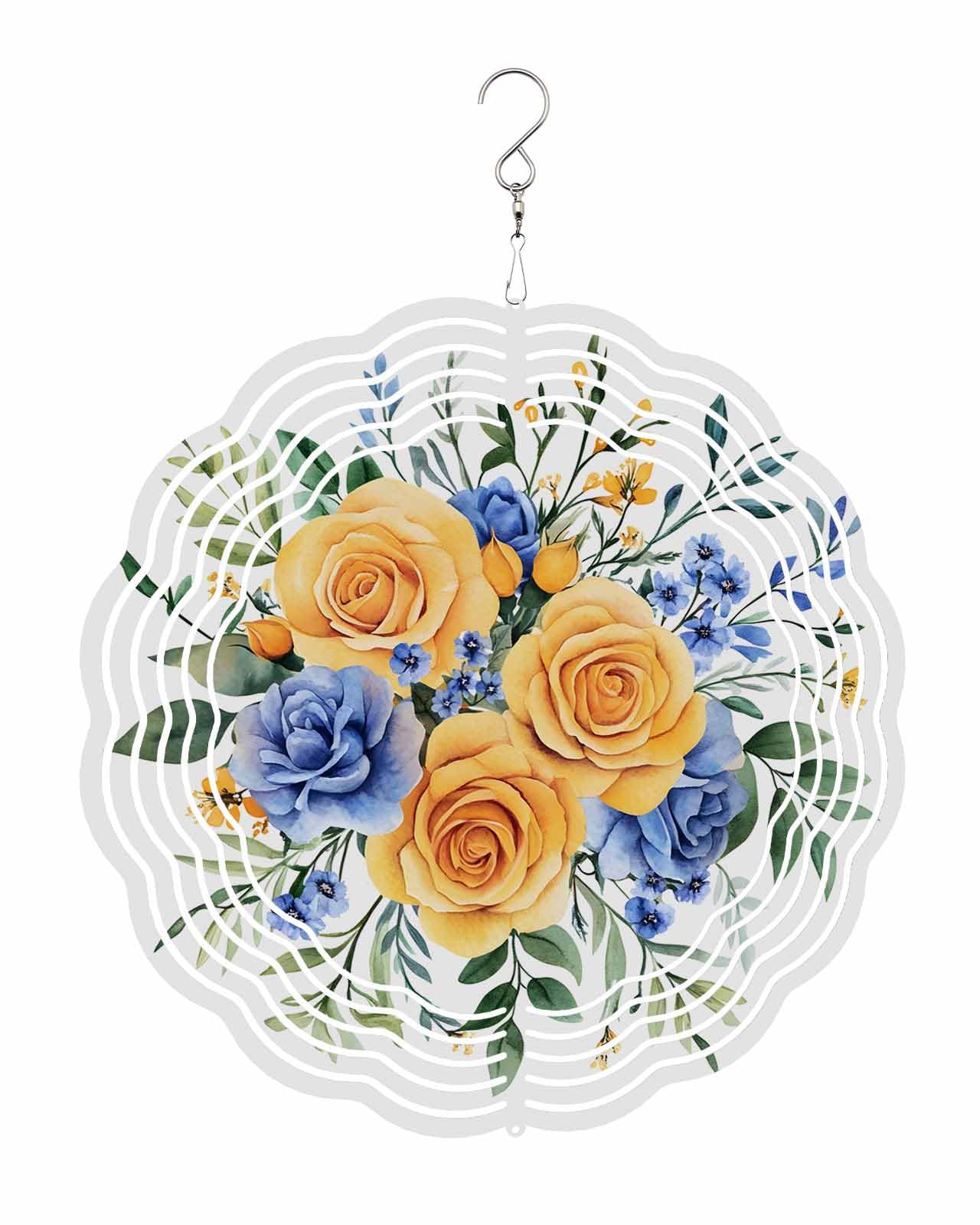 Botanical Wind Spinners, Blue Yellow Roses Flowers Hanging Wind Spinners for Yard and Garden 3D Stainless Steel Metal Sculptures Crafts Ornaments 10 Inch