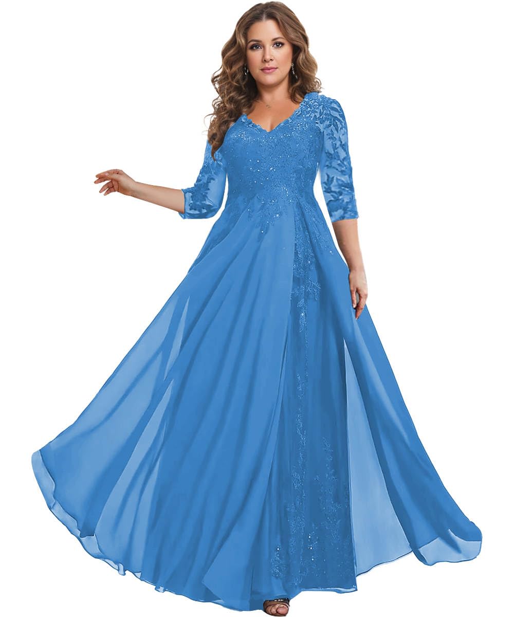 Aootumi 3/4 Sleeve Mother of The Bride Dresses for Wedding V Neck Lace Chiffon Sequin A Line Long Formal Evening Gown