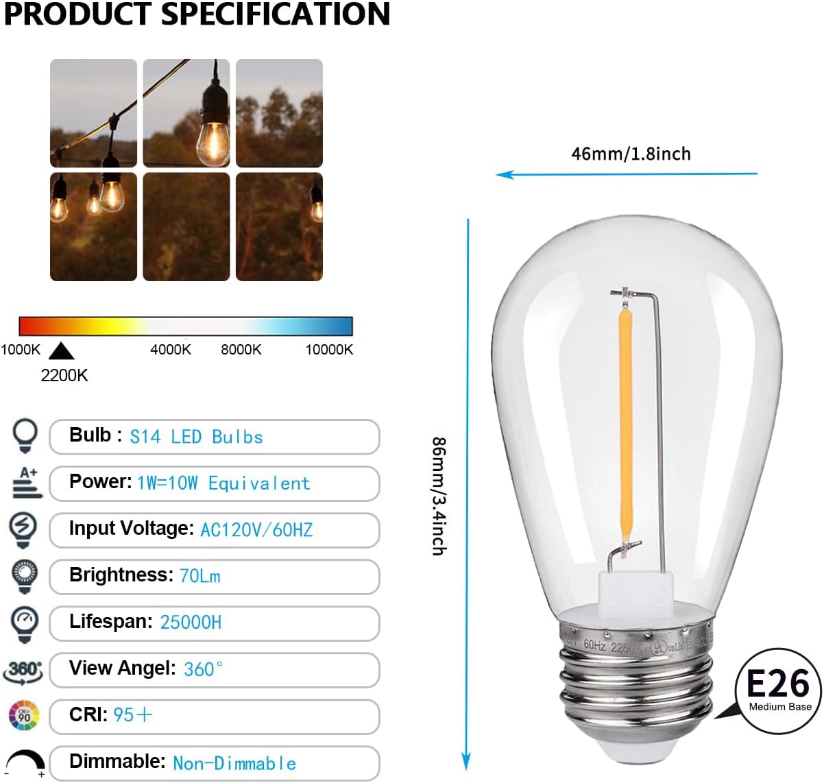 KLY 15-Pack LED String Light Bulbs, Plastic Shatterproof S14 Replacement Edison Bulbs, 1W Equivalent to 10W LED Bulb, Warm White 2200K E26 Base