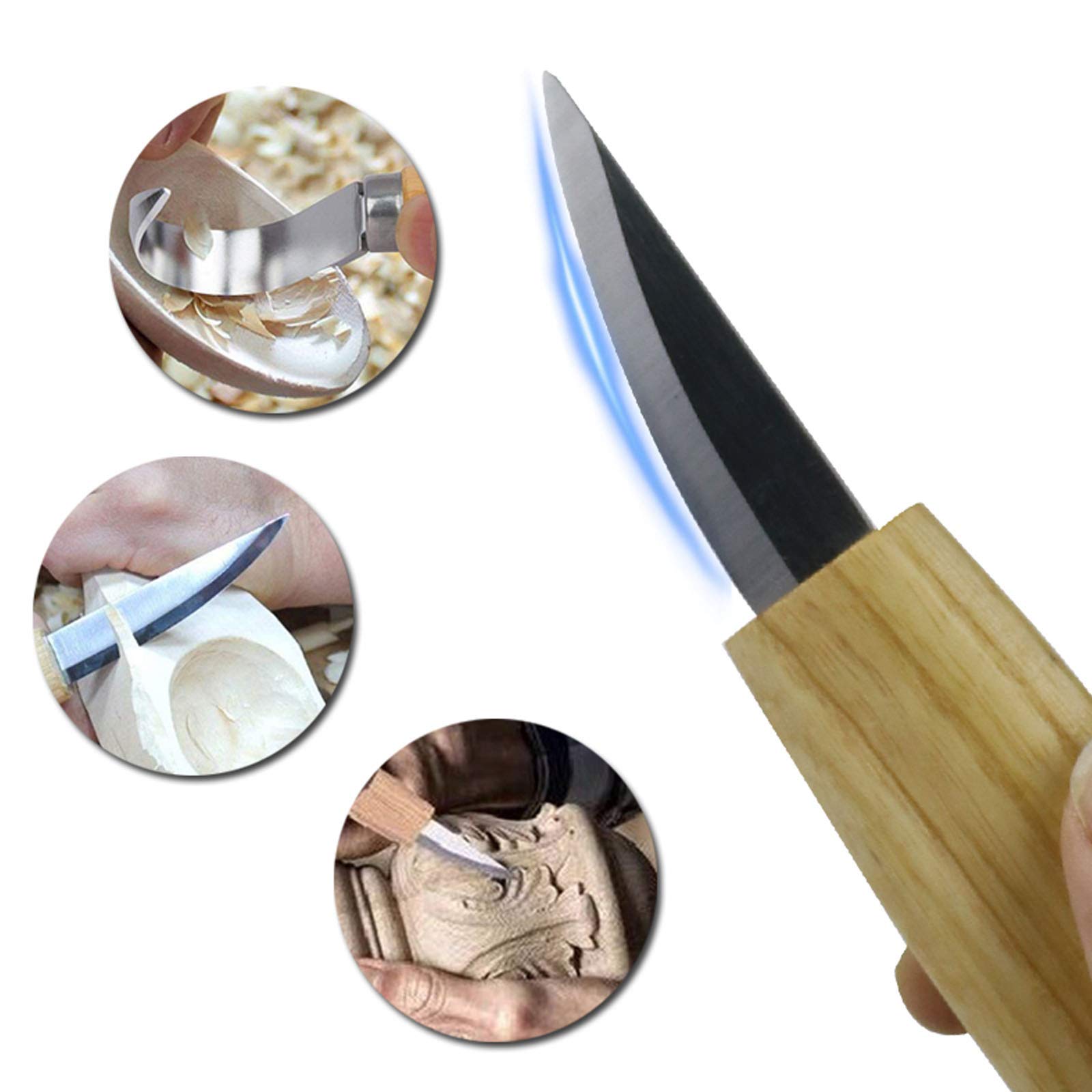 Juego de herramientas para tallar madera 5 en 1, cuchillo de gancho, cuchillo para tallar madera, cuchillo para tallar virutas con compuesto de pulido de correa de cuero para esculturas de bricolaje,