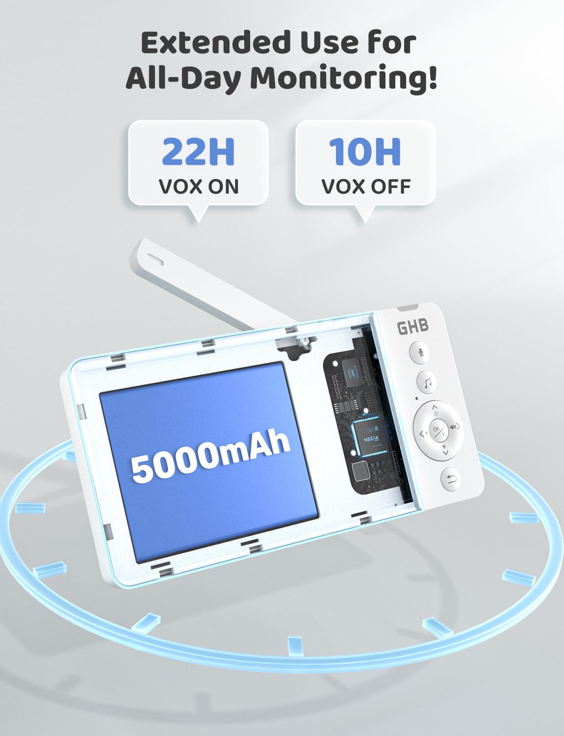 GHB Babyphone Camera 5" 720P HD 5000mAh ekran IPS VOX czujnik temperatury 4-krotny zoom dwukierunkowy dźwięk regulowana głośność