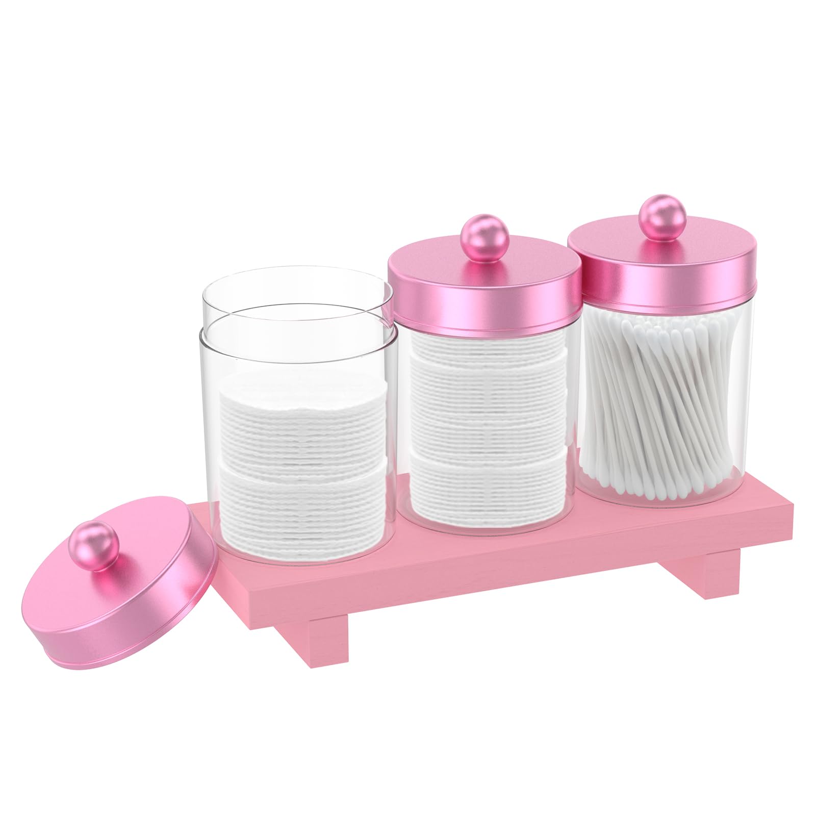 Nihuifdpy Pink 3Pcs Qtip Holder Dispenser Storage Organizer With Wood Tray, Transparent Apothecary Jars Bathroom With Lid For Cotton Ball, Cotton Swab,Cottons Round Pads, Floss, Makeup Sponges, Hair Clips(Pink)