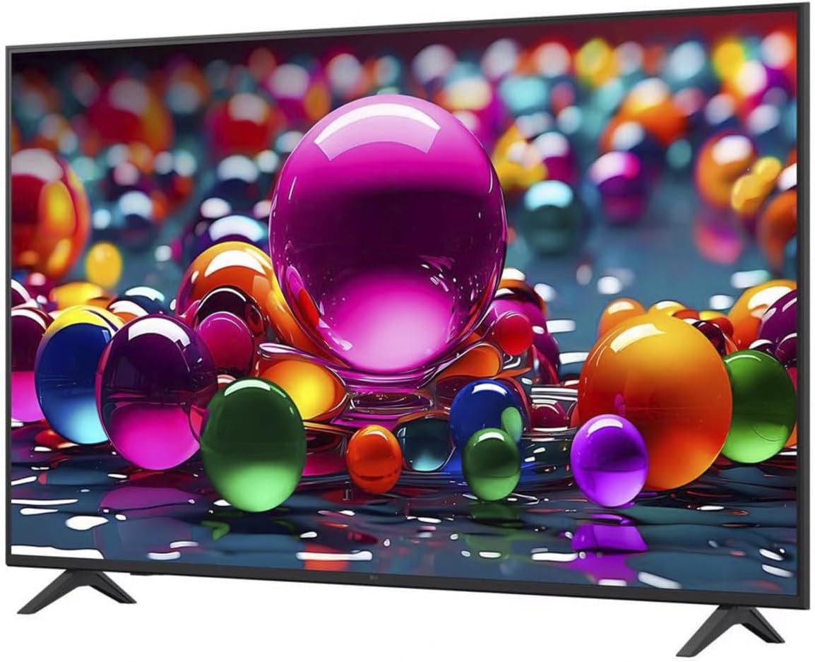 కోణీయ view of the LG 50UA75006LA TV with its stand