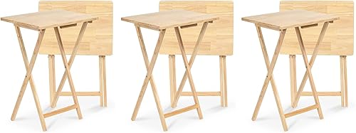 Miniatura 45 de PJ Wood Mesa rectangular plegable portátil para servir aperitivos, construcción de madera maciza con acabado natural (juego de 4 piezas)