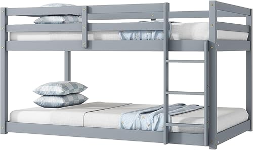 Miniatura 7 de Litera baja individual sobre individual, base de cama de madera maciza con escalera y barandillas de seguridad, literas individuales para niños y