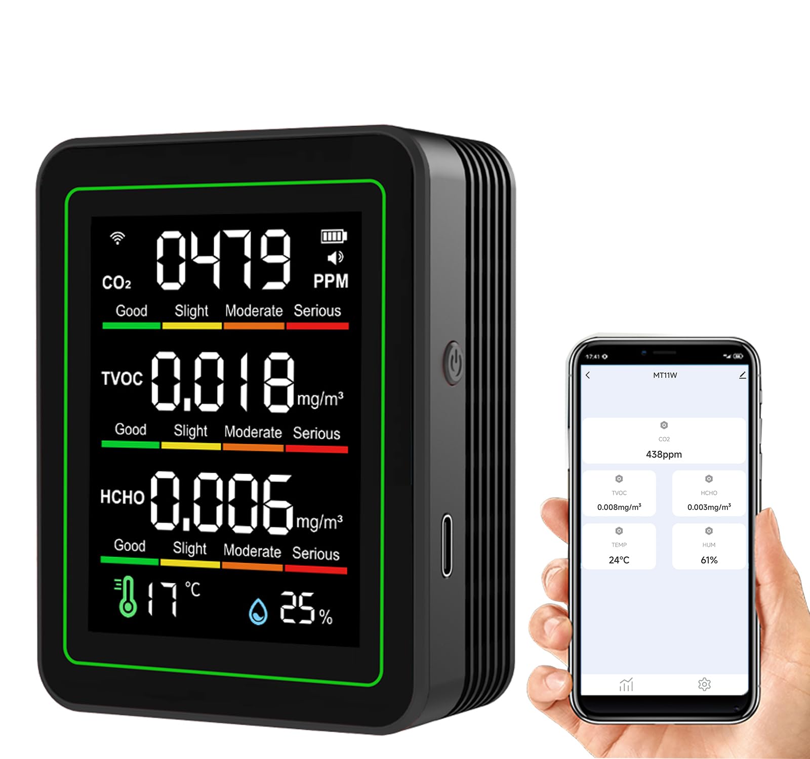 Moniteur intelligent de qualité de l'air 5 en 1 : WiFi intérieur qualité de l'air, compteur détecte TVOC, CO2, HCHO, température et humidité, pour la maison et le bureau avec contrôle de l'application