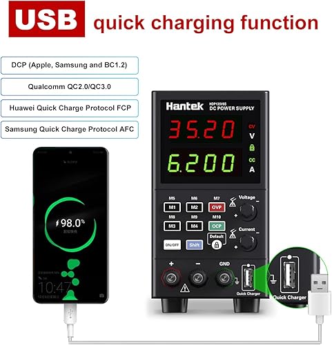Vista 11 de Hantek Fuente de alimentación de CC variable, 35 V 6 A, pantalla de 4 dígitos, voltaje y corriente ajustable, fuente de alimentación de banco