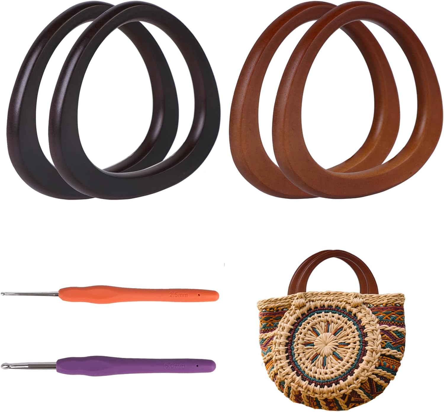 Hilltian 4+2 PCS D Shape Purse Handles with Crochet Hooks, Wooden Bag Handles for Handmade Crochet Bag, Purse Making Supplies, 2 Colors