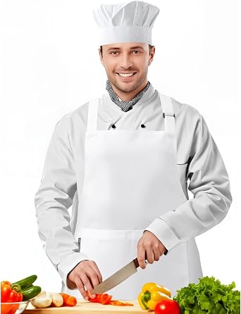 Chef Hat and Apron Set,Durable Bib Apron with 2 Pockets & Matching Hat,Perfect Chef Costume for Man and Woman,Chef Coat White