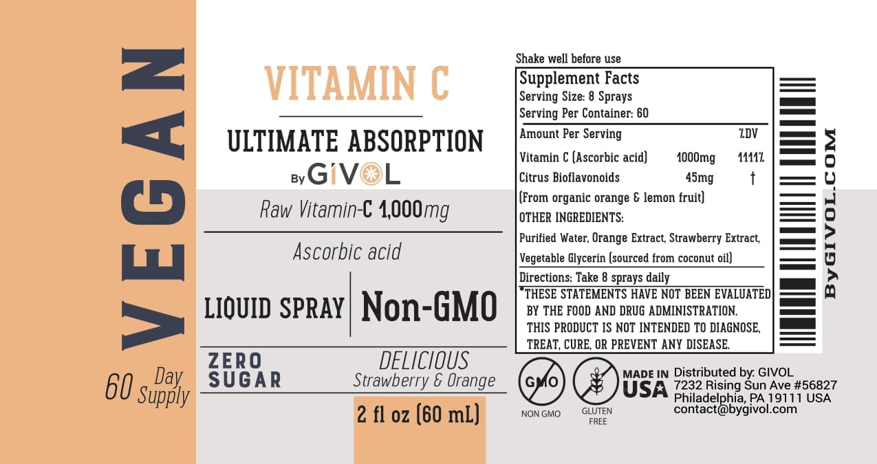 Vitamin C Spray: Daily Absorption Liquid Extract with Lemon, Orange, Strawberry, Rich in Ascorbic Acid, 2oz (60ml) 60 Day Supply