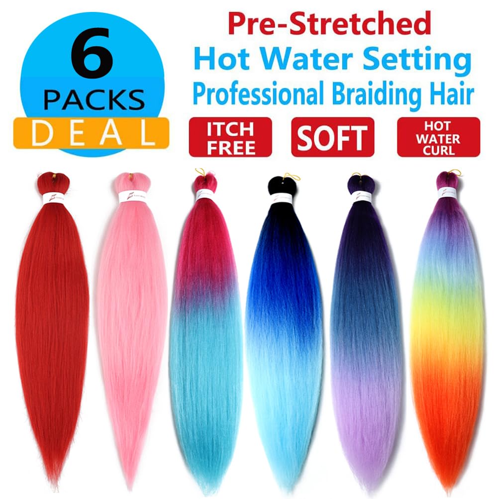 Xiaofeng Prestretched Braiding Hair Extensions Yaki Texture Braid Hair for Box braids 26 Inch Synthetic Braids Extension Rainbow Mix 6 Colors 1