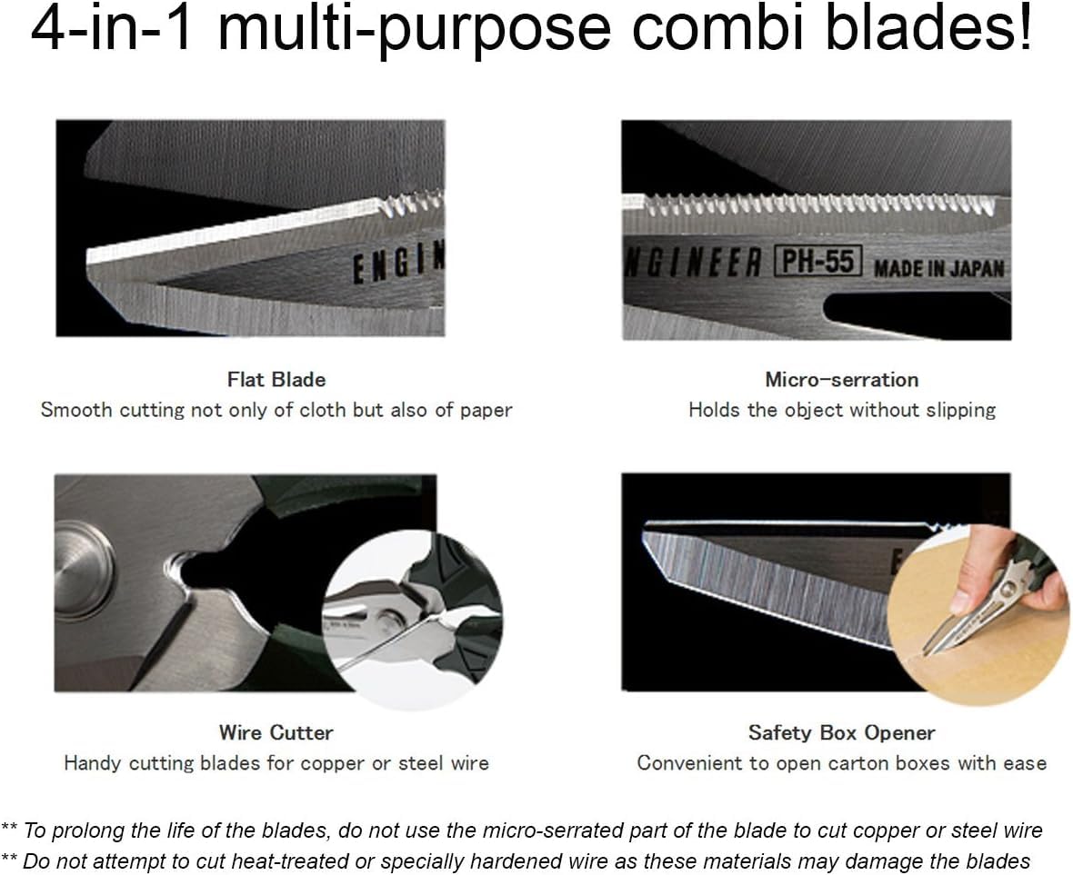 Multi function scissors, 4-in-1 combi bladecuts leather, solid wire, CDs, thick rope & more. Made in Japan. Engineer ph-55