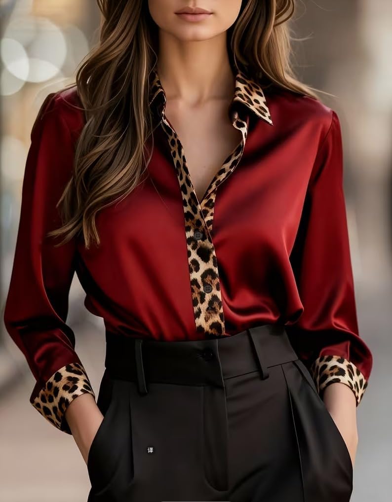 utcoco Satin Blouses for Women Leopard Button Down Silk Shirts Long Sleeve Tops for Business Casual