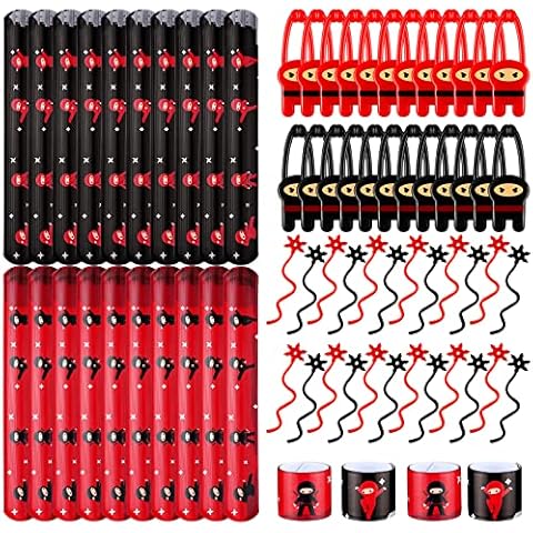 Jiuguva 72 Pcs Ninja Party Favors Toys Karate Birthday Party Supplies Include 24 Warrior Slap Bracelets 24 Stretchy Flying Ninjas and 24 Stars Slingshots for Ninja Samurai Party Decorations Cover