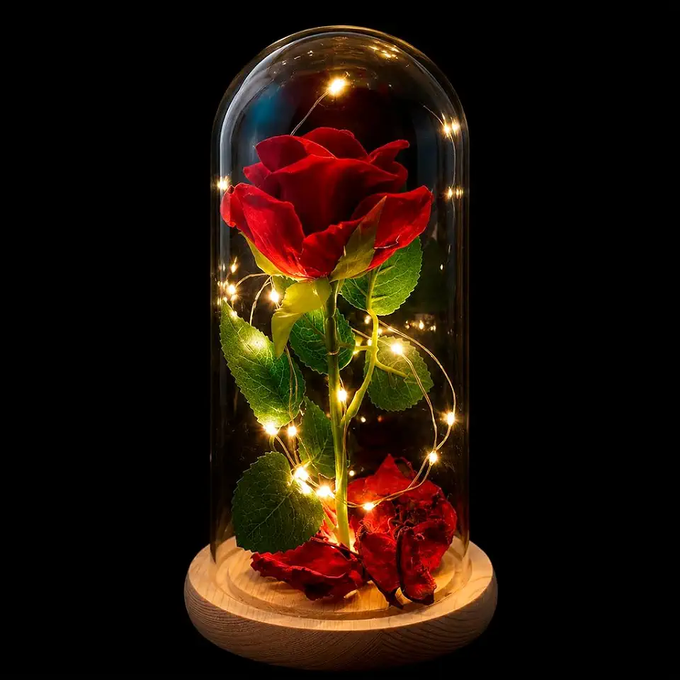 Rosa Vermelha Encantada Cúpula Acrílico LED 21cm Base Madeira Flor Artificial Presente Rosa Eterna A Bela e a Fera Dia dos Namorados Aniversário Decoração Romântica Premium (21 cm)