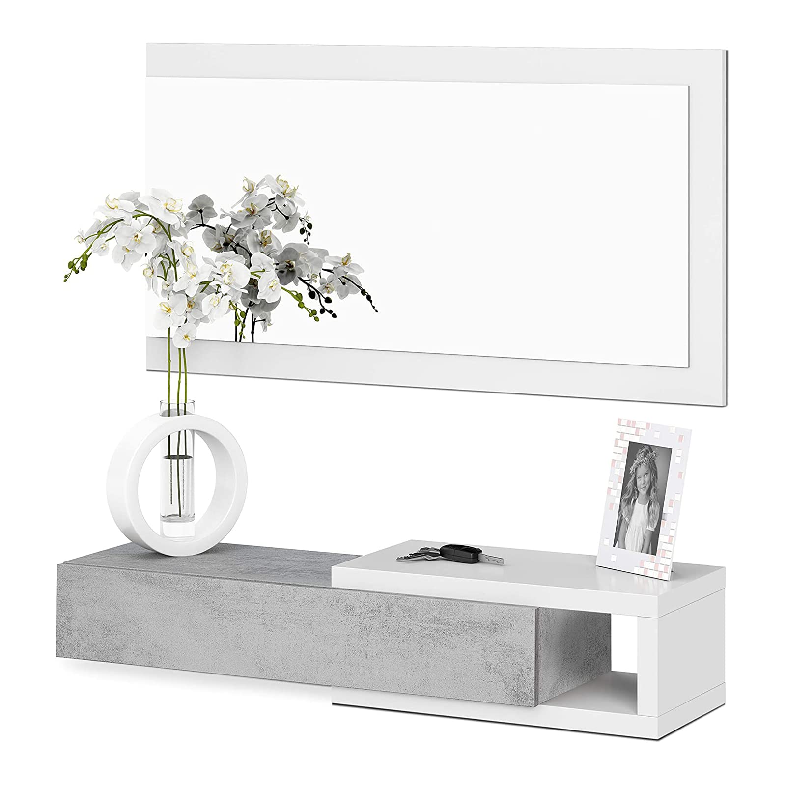 Mondo Viro Kit Mueble de entrada colgante con espejo Noon de aglomerado 95 x 26 cm 19 h (Cemento)