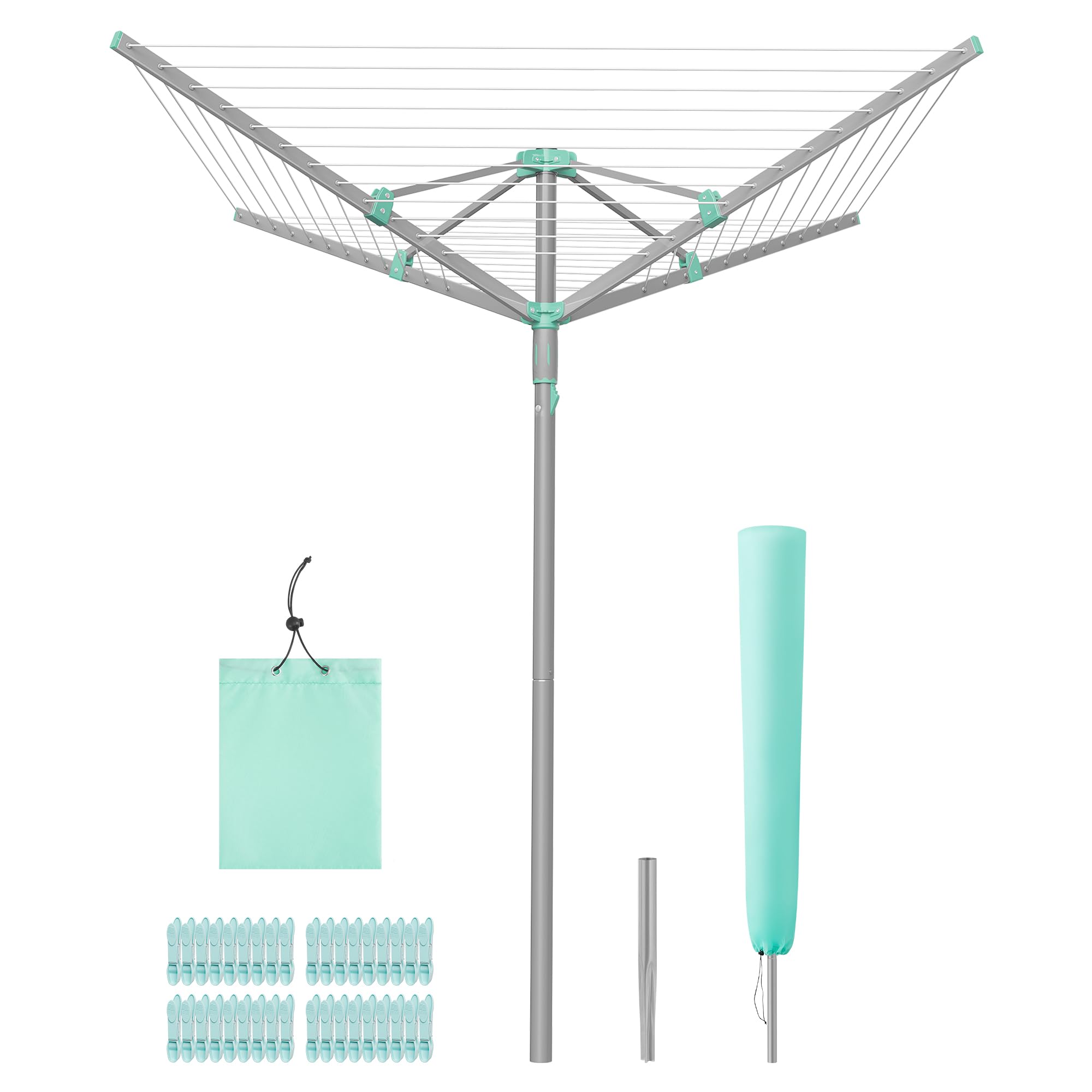 SONGMICS Wäschespinne, Wäscheständer, drehbar, klappbar, draußen, Garten, mit Wäscheklammern, Schutzhülle, silbern, 45 m Wäscheleine, für 4 Waschladungen LLR306EZ01