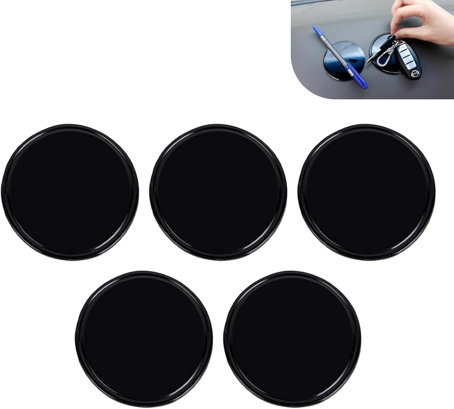 5 PCS Car Round Anti-slip Mat, 3.1" Silicone Storage Mat for Car Ornament Mobile Phone GPS Keys Glasses, Reusable Self-adhesive Dashboard Pad, Multi-function Sticky Fixing Pad (Black) - Image 1 of 7