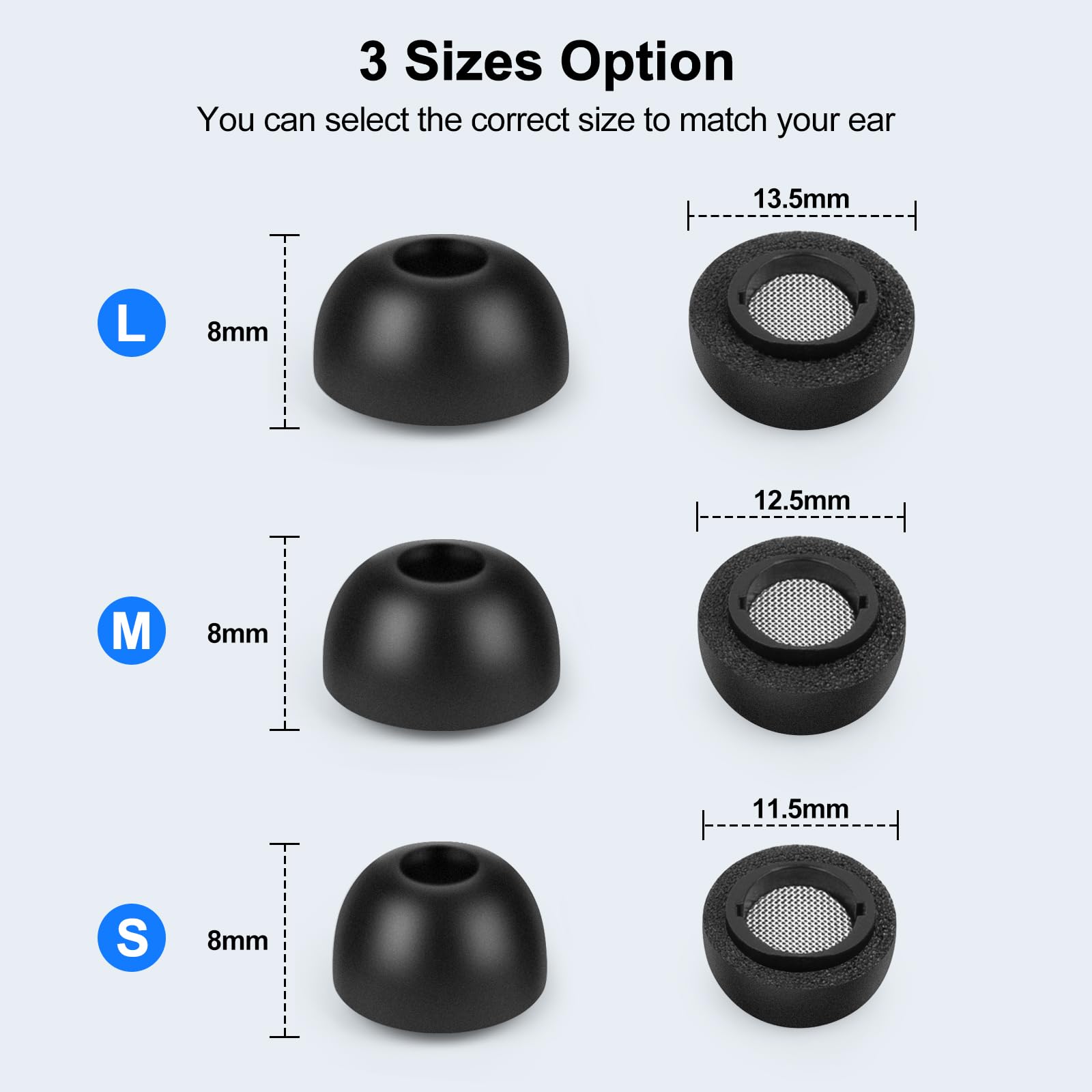 Wkładki douszne z pianki dla Samsung Galaxy Buds3 Pro, zestaw wkładek dousznych z pianki, 6 sztuk, 3 rozmiary - czarne