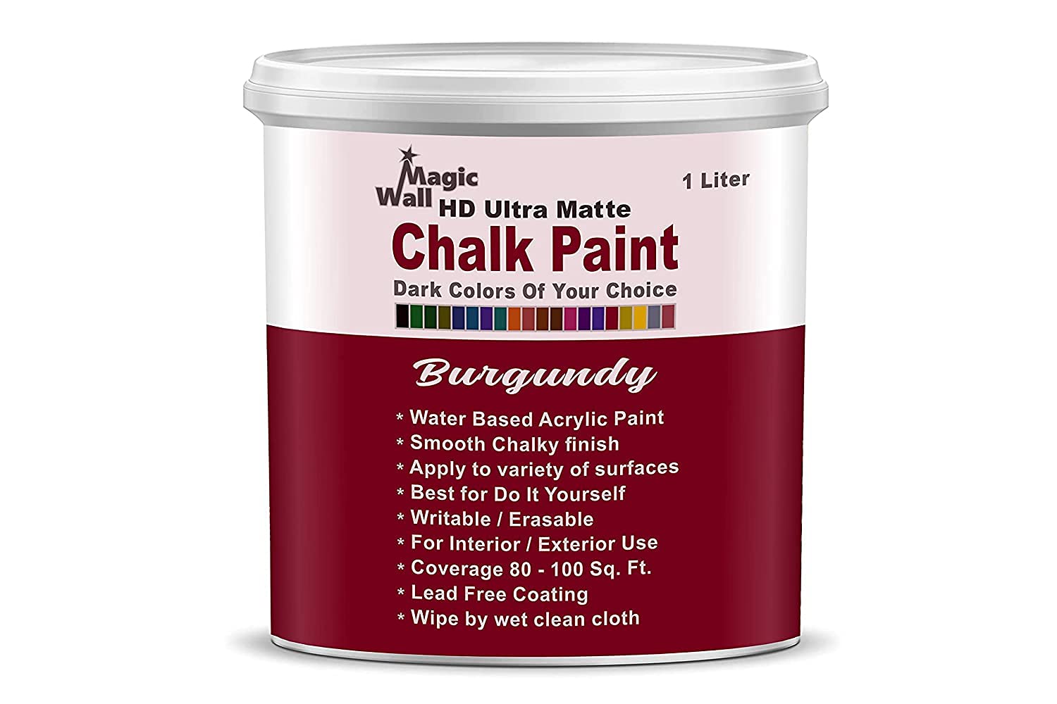 MagicWall Chalk Paint Dark Colors | 1 Liter - Matt Finish | Water Base Acrylic Paint | Coverage : 80 to 100 Sq. Ft. | Apply on Surfaces Like Walls, Boards, Furniture & Home Décor Products. (Burgundy)