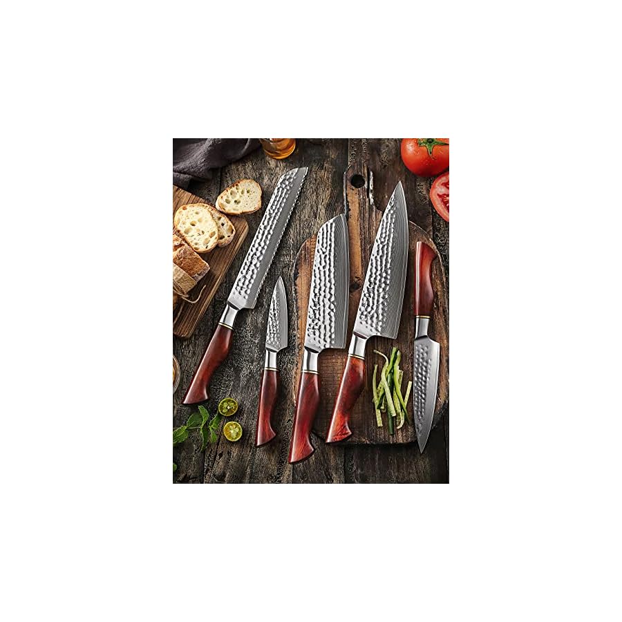 HEZHEN Damascus Knife Set 5PCS,Premium Powder Steel Forged Hammered Pattern, Rosewood Handle, Home Cooking Kitchen Knives