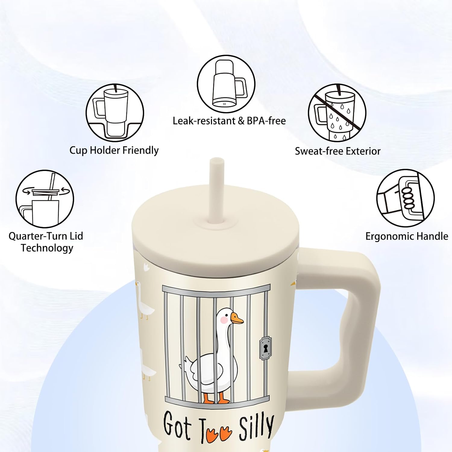 Goose Gifts - 24 oz Tumbler with Handle and Straw - Insulated Stainless Steel Cup, Leakproof, Funny Got Too Silly Duck Travel Mug for Women Girls, BPA Free, Fits Car Cup Holders, Keeps Drinks Cold/Hot - Image 5